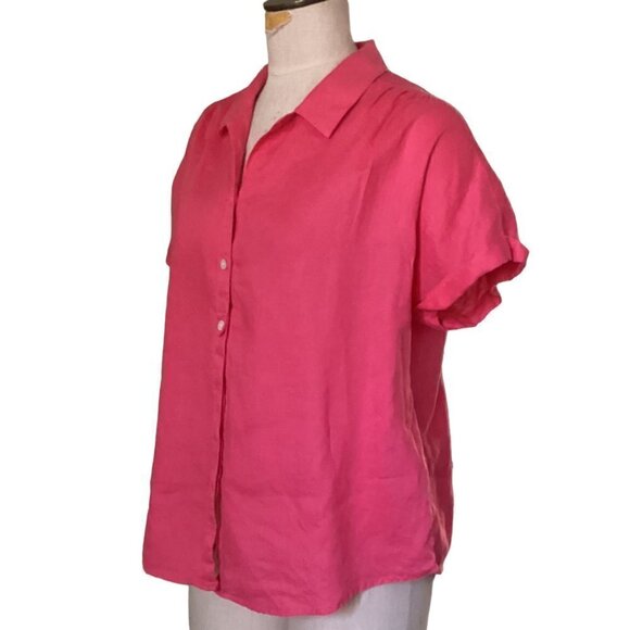 J. Jill Linen Short Sleeve Button Down Shirt Sz Petite Large Pink 68K - Picture 3 of 8